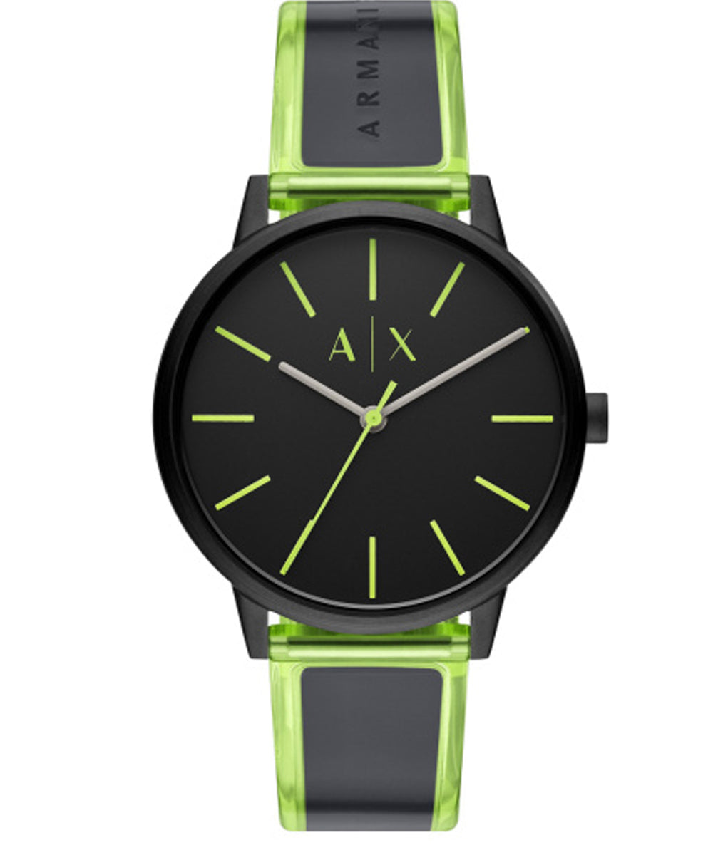 Armani Exchange Three-Hand Black and Neon Green Polyurethane Watch AX2730