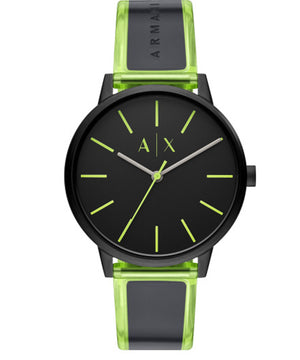 Armani Exchange Three-Hand Black and Neon Green Polyurethane Watch AX2730