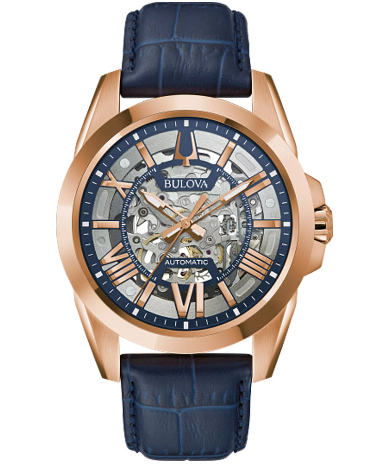 Men's Bulova Sutton Automatic Rose-Tone Strap Watch with Blue Skeleton Dial  97A161