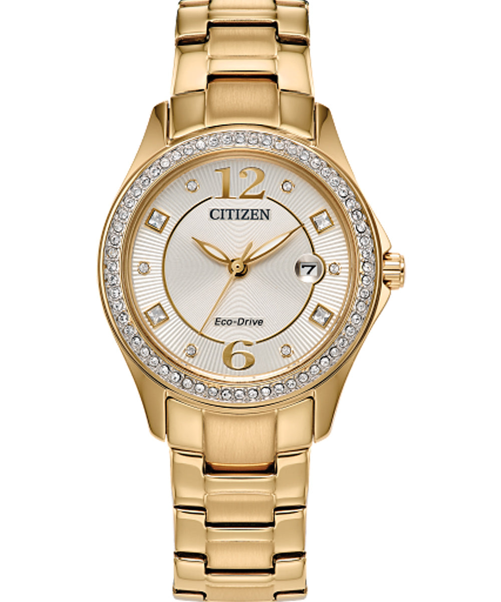 Citizen Crystal Eco-Drive Stainless Steel Champagne Dial Womens Watch FE1147-79P