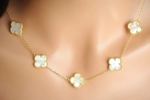 18kt Gold Large Mother-Of-Pearl Clover Necklace - Flower Necklace - Necklace Charm - Clover Jewelry - Gold Flower Necklace